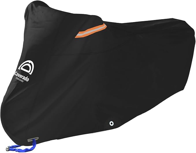 Motorcycle Cover, Motorcycle Cover Waterproof Outdoor with Lock Holes and Inner Flame Retardant Cloth Snow Rain Uv Protection Motorcycle Covers Fit for Harley Davidson Yamaha Etc (Up to 97'' Length)