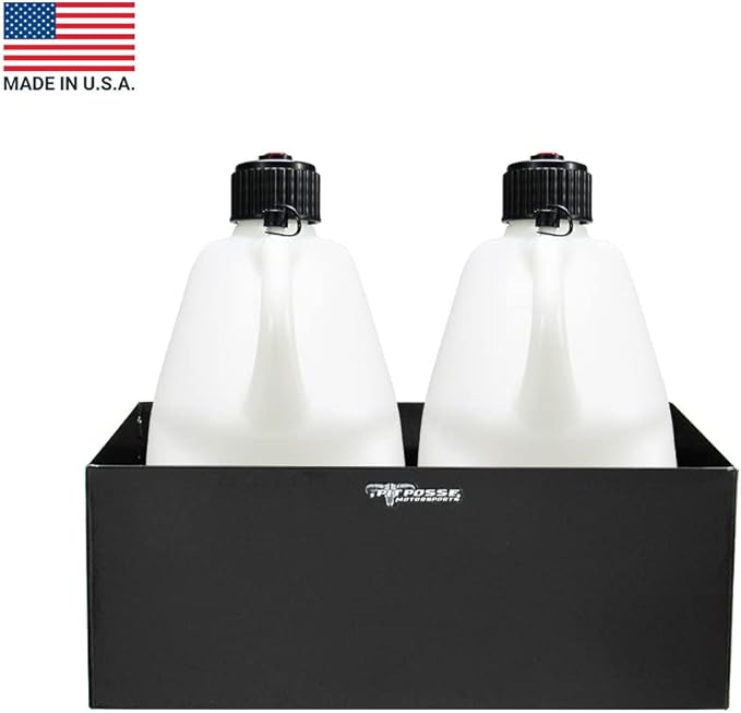 Pit Posse 430BK Double Utility Fuel Jug Rack Holder Shelf 23" Fits 2 Five Gallon Jugs - Made in USA - Enclosed Race Trailer Garage Shop Aluminum Storage Organizer - Includes Mounting Hardware (Black)