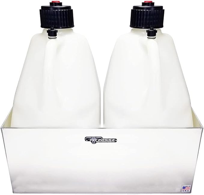 Pit Posse Double Utility Jug Holder Organizer Storage Rack - Made in USA - Holds 2 Five Gallon Utility Jug Containers - Anti-Rusting Aluminum - Garage Shop Enclosed Race Trailer (Silver)