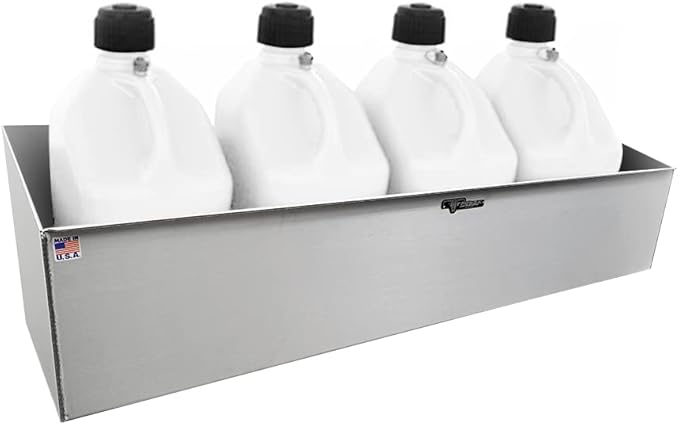 Pit Posse 431 Utility Fuel Jug Rack Holder Shelf 46" Fits 4 Five Gallon Jugs - Made in USA - Enclosed Race Trailer Garage Shop Aluminum Quad Four Mount Storage Organizer (Silver)