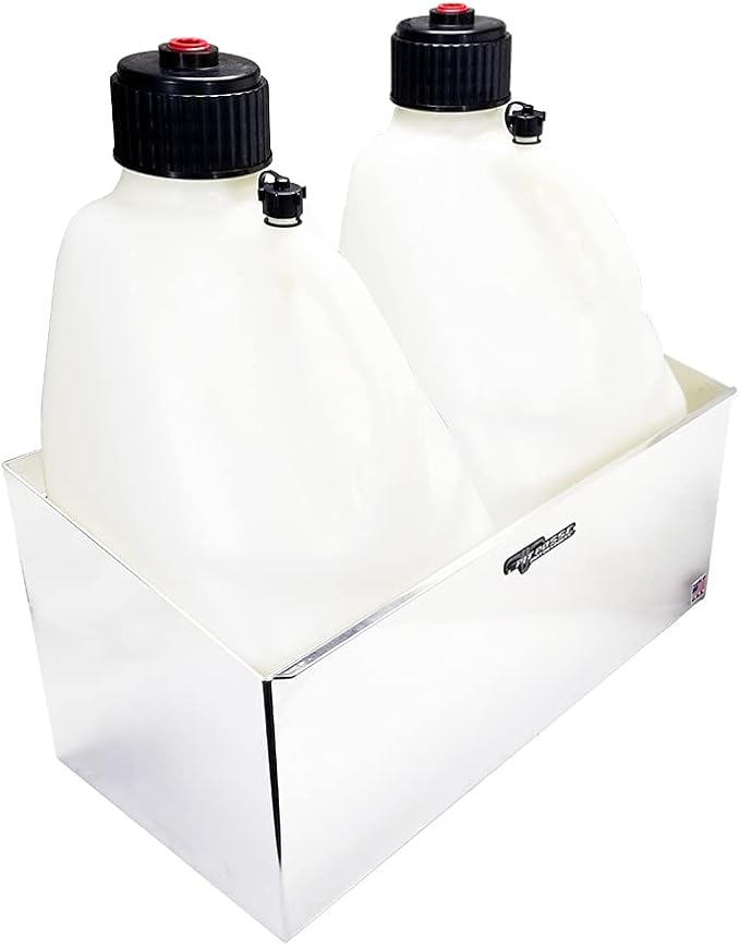 Pit Posse Double Utility Jug Holder Organizer Storage Rack - Made in USA - Holds 2 Five Gallon Utility Jug Containers - Anti-Rusting Aluminum - Garage Shop Enclosed Race Trailer (Silver)