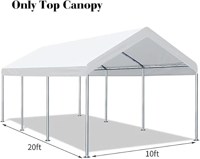 10'x20' Carport Replacement Top Canopy Cover for Car Garage Shelter Tent Party Tent with Ball Bungees White (Only Top Cover, Frame is not Included)