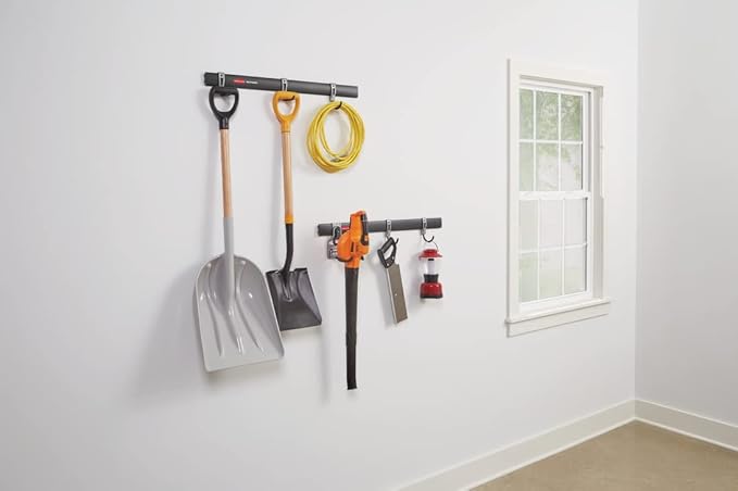 Rubbermaid Garage FastTrack 8-Piece Small Kit Black/Grey All-in-One Rail & Hook Wall Hanging Kit Wall Mounted Storage Solution for Home/Garage
