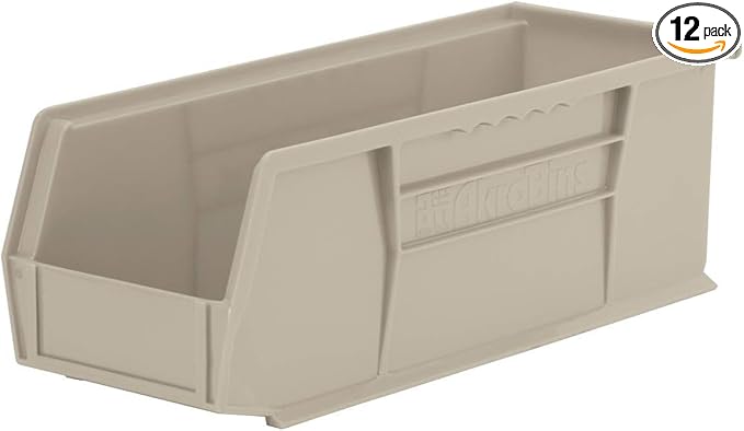 Akro-Mils 30234 AkroBins Plastic Storage Bins, Space-Saving Stackable Bins for Garage, Pantry, Craft Organization, 15-Inch x 5-Inch x 5-Inch, Stone, 12-Pack