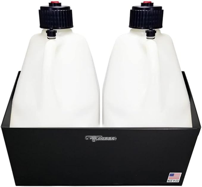 Pit Posse Double Utility Jug Holder Organizer Storage Rack - Made in USA - Holds 2 Five Gallon Utility Jug Containers - Anti-Rusting Aluminum - Garage Shop Enclosed Race Trailer (Black)