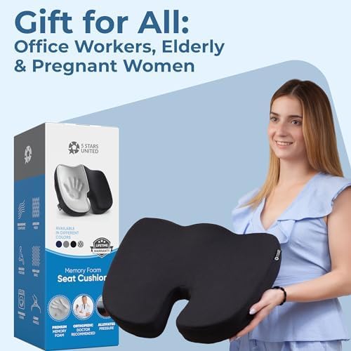 5 STARS UNITED Seat Cushion for Tailbone Pain Relief – Memory Foam Lifting Pillow for Coccyx, Hemorrhoid, Sciatica & Post-Surgery Recovery – Wheelchair, Car, Desk, Gaming & Office Chairs, Arctic Black