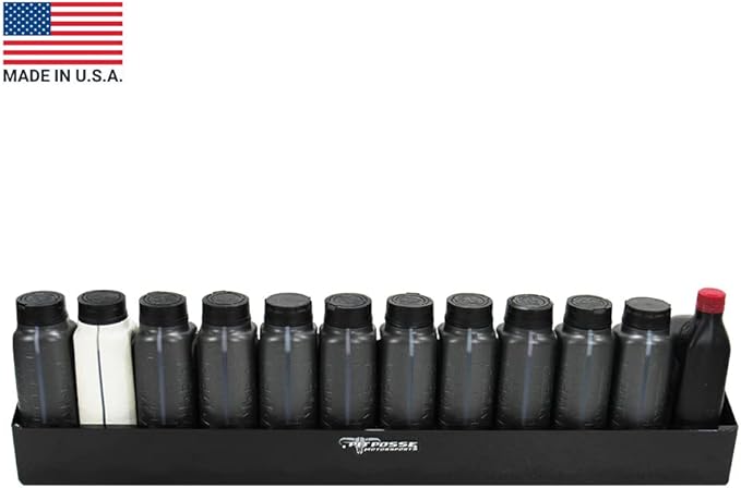 Pit Posse 443BK Oil Shelf 12 Quart Bottle Holder Storage Organizer Caddy 32" | Made in USA | Enclosed Race Trailer Garage Shop Automotive Motor Engine Oil Rack Caddie Shelves (Black)
