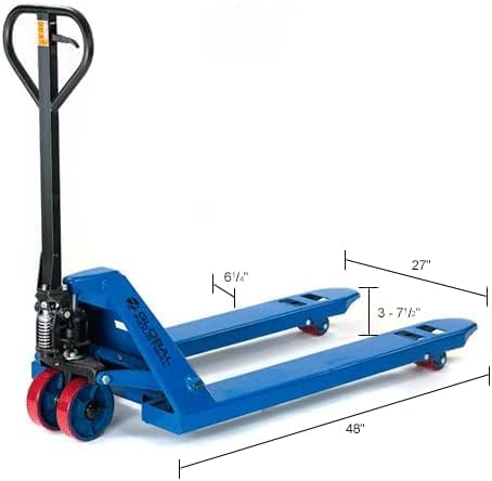 Global Industrial High Capacity Pallet Jack with 27" W x 48" L Forks, 6600 Lb. Capacity, Manual Duty Truck for Warehouse, Manufacturing and Retail, Blue Powder Coat Finish