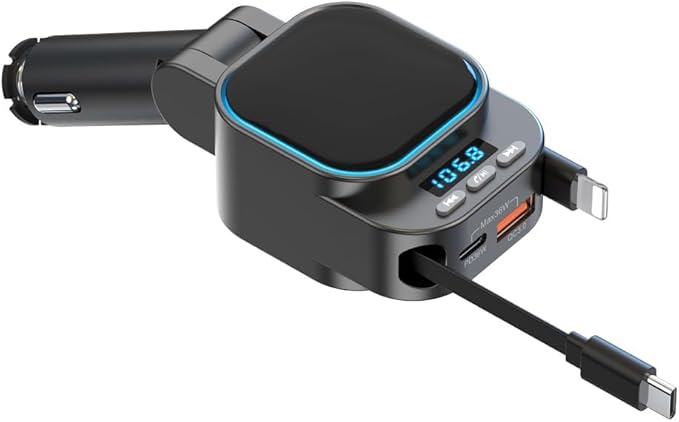 Retractable Car Charger 96W with Bluetooth Car Adapter, 4 in 1 Fast Charging, Radio Bluetooth 5.3 FM Transmitter, Handsfree Calling, USB C Phone car Charger Adapter for iPhone 16 15 14 13 12