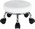 Modern PU Leather Low Round Rolling Stool - 360 Swivel with Universal Caster Wheels, Small Stool for Home Office, Garage, Shop, Fitness, Sport - H:8.4' White