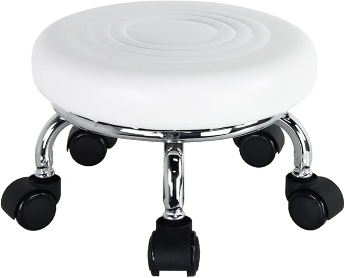 Modern PU Leather Low Round Rolling Stool - 360 Swivel with Universal Caster Wheels, Small Stool for Home Office, Garage, Shop, Fitness, Sport - H:8.4' White