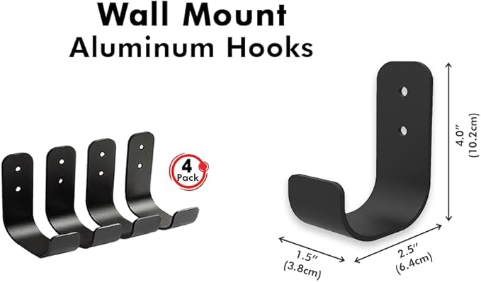 Heavy Duty Garage J Hooks - 4-Pack Wall Mount Organizer for Shop, Tools, Bike, Ladder with Installation Kits