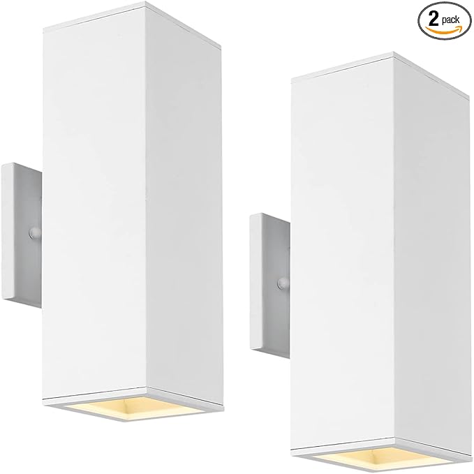 harriet Porch Lights Outdoor Modern - IP64 Waterproof Aluminum and Tempered Glass Cover, 13" Rectangular Up/Down Wall Sconce for Porch, Garage & Patio, Exterior Lighting, White, 2 Pack