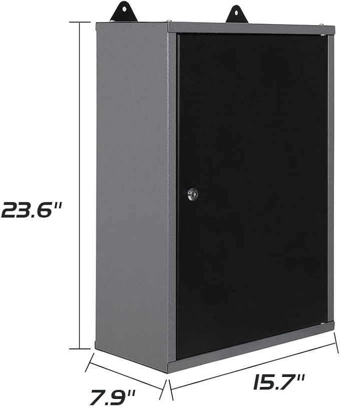 JZD Metal Storage Wall Mounted Cabinet with 22 Hooks, Lockable Small Tool Chest, for Garage Basement Workshop, Black and Gray