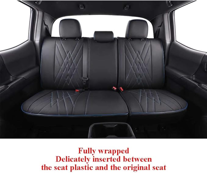 EKR Custom Fit Tacoma Car Seat Covers for Select Toyota Tacoma 2016 2017 2018 2019 2020 2021 2022 2023 Double Cab/Crew Cab -Full Set,Leather (Black with Blue Trim)