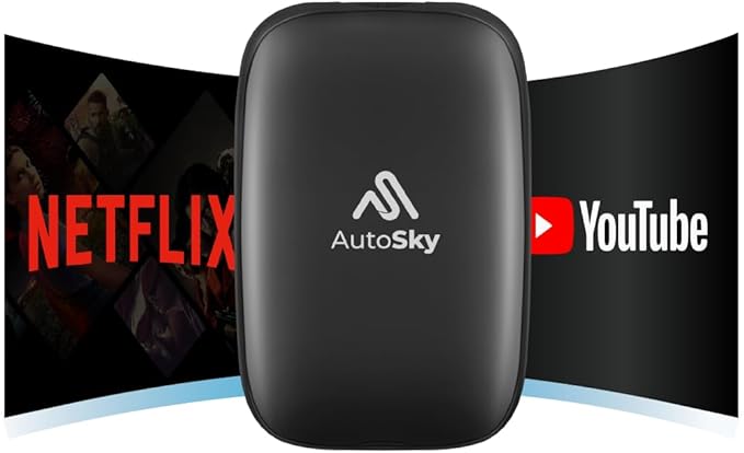 AutoSky Ai Box Lite Air - Streaming on the Go, Netflix and Youtube in your car. Convert Your Wired CarPlay into Wireless CarPlay or Android Auto. HotSpot Required for Streaming. Wired CarPlay Required