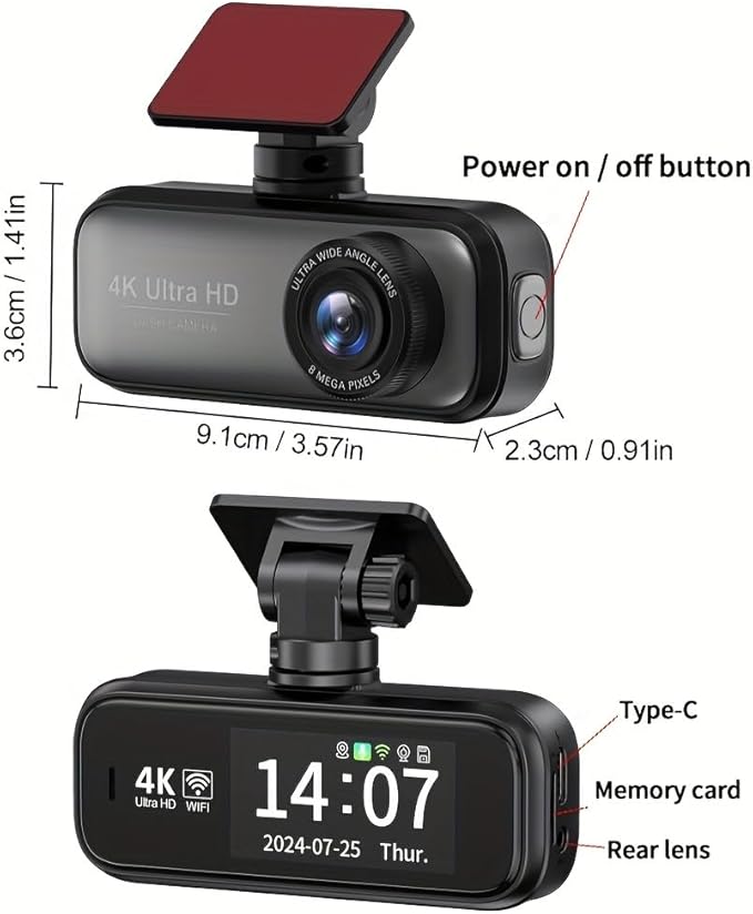 Dash Cam Front and Rear with 64GB Card, 4K+1080P Dual Dash Camera for Cars, Mini Car Camera, APP Control, Built-in Wi-Fi & G-Sensor, 170°Wide Angle, WDR, Night Vision, Loop Recording, Parking Mode
