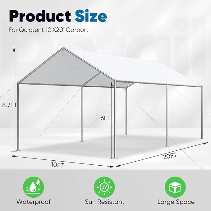 Quictent 10x20 ft Heavy Duty Car Canopy Galvanized Frame Carport Outdoor Party Tent Boat Shelter with 3 Reinforced Steel Cables - White