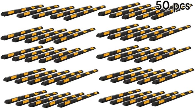 ZONETECH Large Heavy Duty Rubber Parking Curb – 72” Premium Quality Auto Garage Wheel Stopper Professional Grade w/Yellow Reflective Tape for Car, Truck, Trailer and RV (50-Pack)