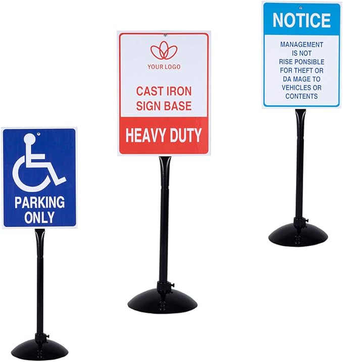 Heavy Duty Cast Iron Sign Post and Base Kit - 14" DIA Stand with 48" Post and Bolts & Nuts for Hanging Signs, Portable Sign Holder for Parking and Recreational Use