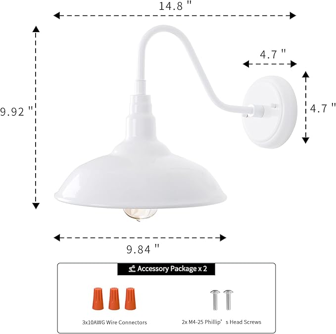 10'' Diameter Outdoor Gooseneck Barn Light Fixture with Wall Mount, White Exterior Waterproof Porch Barn Door Wall Lantern, Farmhouse Outdoor Wall Sconce, 1 Pack, LM2201-WH