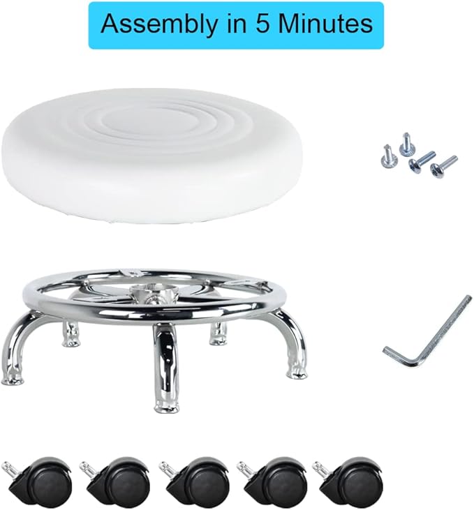 Modern PU Leather Low Round Rolling Stool - 360 Swivel with Universal Caster Wheels, Small Stool for Home Office, Garage, Shop, Fitness, Sport - H:8.4' White