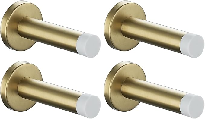 JQK Door Stopper Gold, 304 Stainless Steel Thicken 1mm Sound Dampening Door Stop Bumper Wall Protetor 4 Pack, Brushed Gold White Tip, DSB5-WG-P4