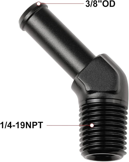 1/4 NPT Male to 3/8" Hose Barb Fitting Adapter 45 Degree Elbow Aluminum Black