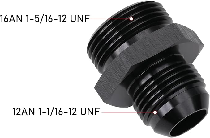12AN Male Flare to 16AN ORB O-ring Boss Fuel Pump Rail Adapter Fitting Aluminum Black, Pack of 2
