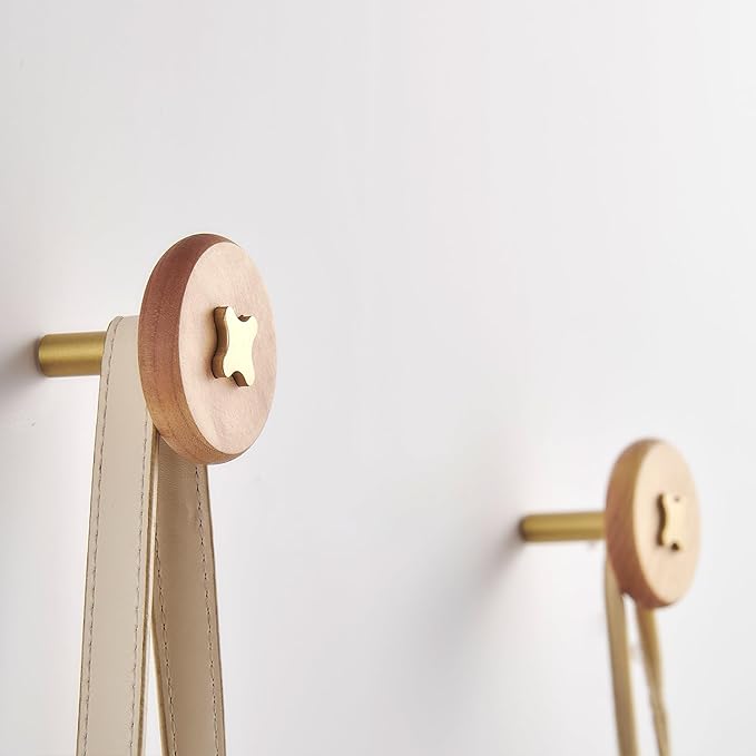 Solid Brass & Maple/Mahogany Wall Hooks 2 Pack - Decorative Heavy Duty Coat Hooks with Vintage Cross Screw Design for Entryway, Bathroom, Luxury Spaces TC008F