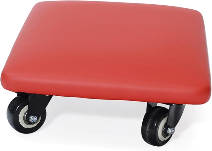 Roller Seat 360 Degree Rotating Low Stool with Wheel Chair PU Leather Universal Swivel Wheels Stool for Home Office Fitness and Garage (Rectangle Red)