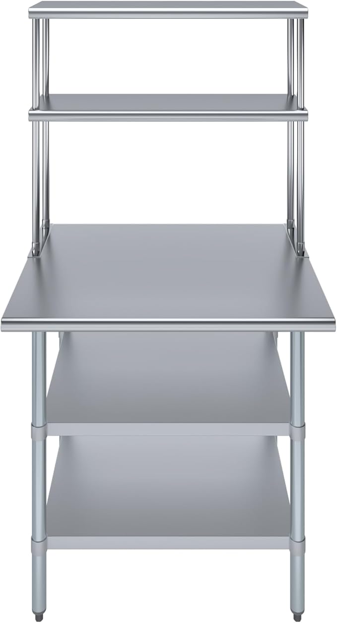 Amgood Stainless Steel Work Table with 2 Shelves | Metal Kitchen Prep Table & Shelving Combo (30" x 36" Table with 2 Shelves + 12" Overshelf)