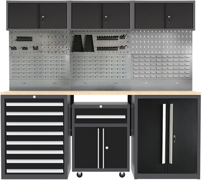JZD Metal Garage Tool Cabinet Set System with Wooden Tabletop, for Workshop Auto Repair Shop, Wall Mounting Not Necessary