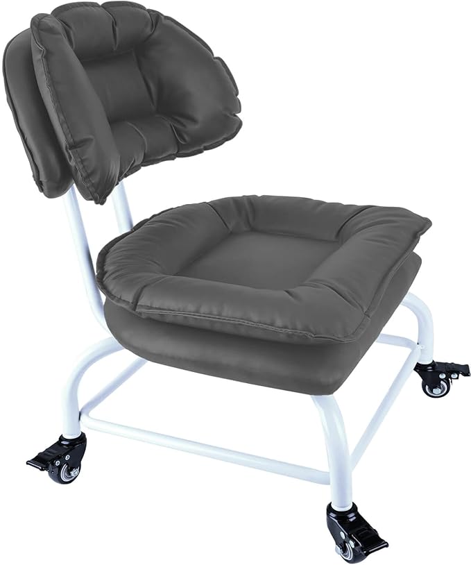 Rolling Stool Wide Seat with Back Rolling Chair 4 Wheels with Brakes for Home Office Garage Shop Waterproof Roller Seat Durable Steel Stand Dark Gray