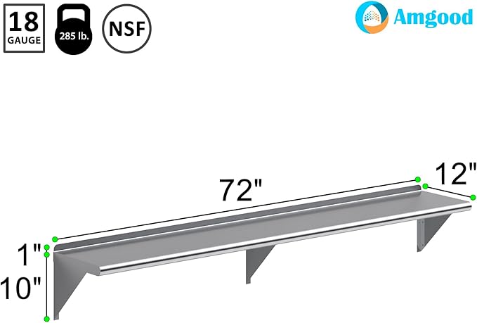 AmGood 72" Long X 12" Deep Stainless Steel Wall Shelf | NSF Certified | Appliance & Equipment Metal Shelving | Kitchen, Restaurant, Garage, Laundry, Utility Room