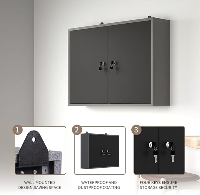 JZD Steel Garage Wall Mounted Tool Cabinet, Black & Grey