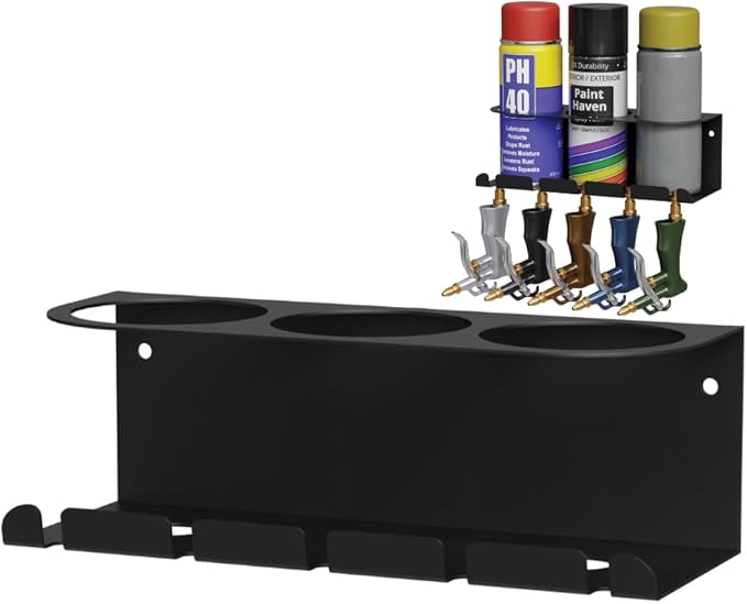 Koova Wall Mount Air Tool Holder with 3 Aerosol Can Storage - Durable Metal Construction - Made in USA - Includes Hardware for Garage & Workshop Organization