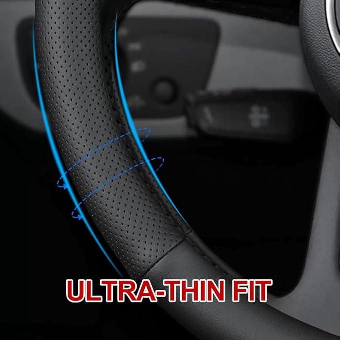 New Nappa Leather car Steering Wheel Cover, Anti-Slip, Safety, Soft, Breathable Full Surround Universal 15 inch Black