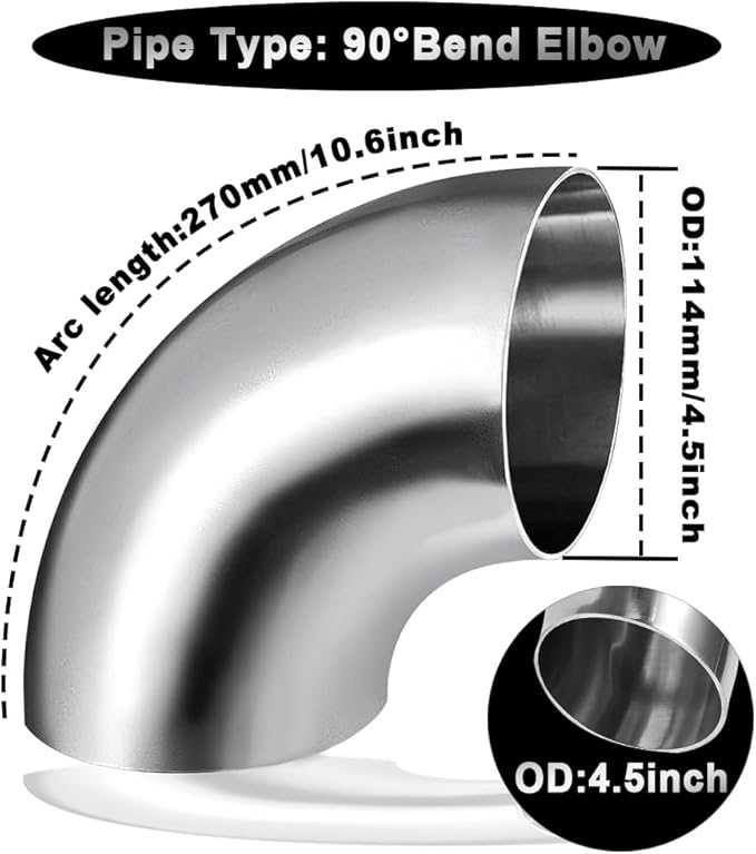 Cotonake 4.5 Inch Exhaust Elbow Pipe 90 Degree Bend Elbow for Car Modified Exhaust System 4.5" Piping Silver Tone，Stair Handrail (1pcs)