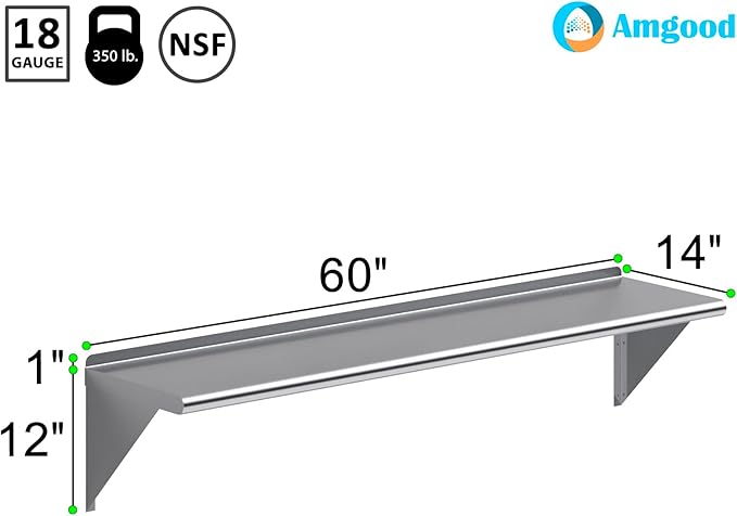 AmGood 60" Long X 14" Deep Stainless Steel Wall Shelf | NSF Certified | Appliance & Equipment Metal Shelving | Kitchen, Restaurant, Garage, Laundry, Utility Room