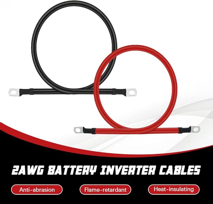 A ABIGAIL 2 AWG Battery Cable 2AWG Gauge Pure Copper Battery Inverter Cables with 3/8 in Lugs Both Ends Power Inverter Wire Set for Automotive Solar Marine Boat RV Car Motorcycle Red and Black (2FT)