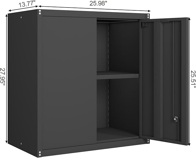 GREATMEET Metal Wall Cabinet, Wall Mounted Cabinet with Doors and Adjustable Shelf, Metal Storage Cabinet with Lock, Wall Cabinet for Garage, Pantry, Utility Room, Black