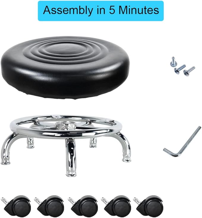 Modern Roller Seat PU Leather Low Round Rolling Stool 360 Swivel Small Stool with Universal Caster Wheels for Home Office, Garage, Shop, Fitness, Sport (H: 8.4' Black)