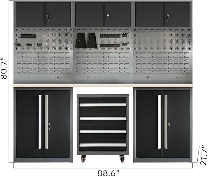 JZD Garage Tool Cabinet Set, Included Rolling Chest, for Workshop Basement Utility Room, No Wall Mounting Required