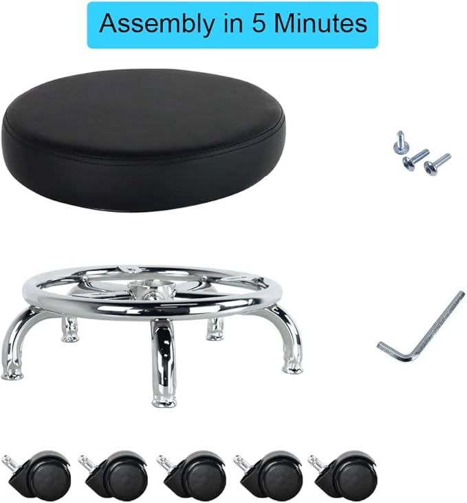 Modern Roller Seat PU Leather Low Round Rolling Stool 360 Swivel Small Stool with Universal Caster Wheels for Home Office, Garage, Shop, Fitness, Sport (H: 8.6", Black)