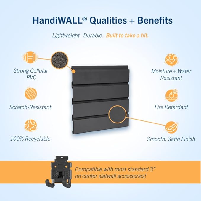 HANDIWALL (BLACK) PVC Slatwall Garage Wall Organizer, 4x2ft Heavy Duty Framed Slatwall Panel Storage Kit, Wall Mount Organizing Storage System For Slatwall Accessories
