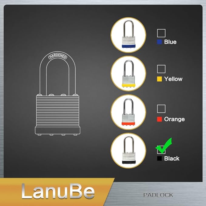 LanuBe Lock Laminated keyed Padlock (1-9/16", 40mm), keyed Alike Locks, Long Shackle,Marked Black Plastic Hoop, Pack of 12