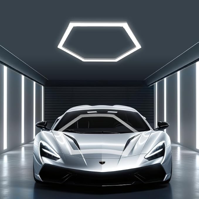 tewei Hexagon LED Garage Light, 1 Grids Hexagon Car Detailing Light Fixture 6500K Daylight White LED Shop Lights, 45W, 4500LM Super Bright Ceiling Lights for Workshop, Warehouse, Gym, Basement