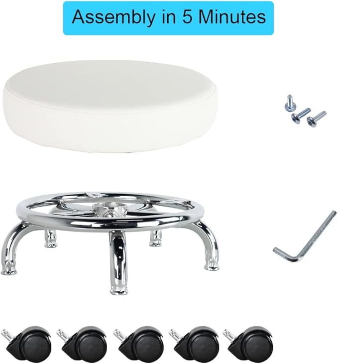 Modern Roller Seat PU Leather Low Round Rolling Stool 360 Swivel Small Stool with Universal Caster Wheels for Home Office Garage Shop Fitness Sport H8.6" (White)