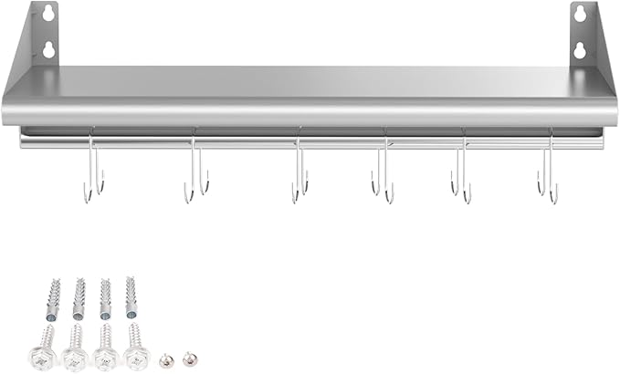 Skyflame 12" x 36" Wall Shelf with 6 Hanging Hooks for Storage, Stainless Steel Commercial Shelving with Side Guards for Bar, Utility Room, Kitchen, Garage